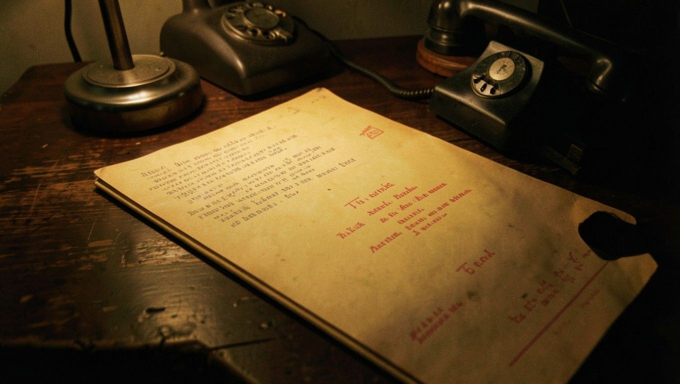Un fascicolo d'archivio con timbri rossi su una scrivania, accanto a un telefono a disco
