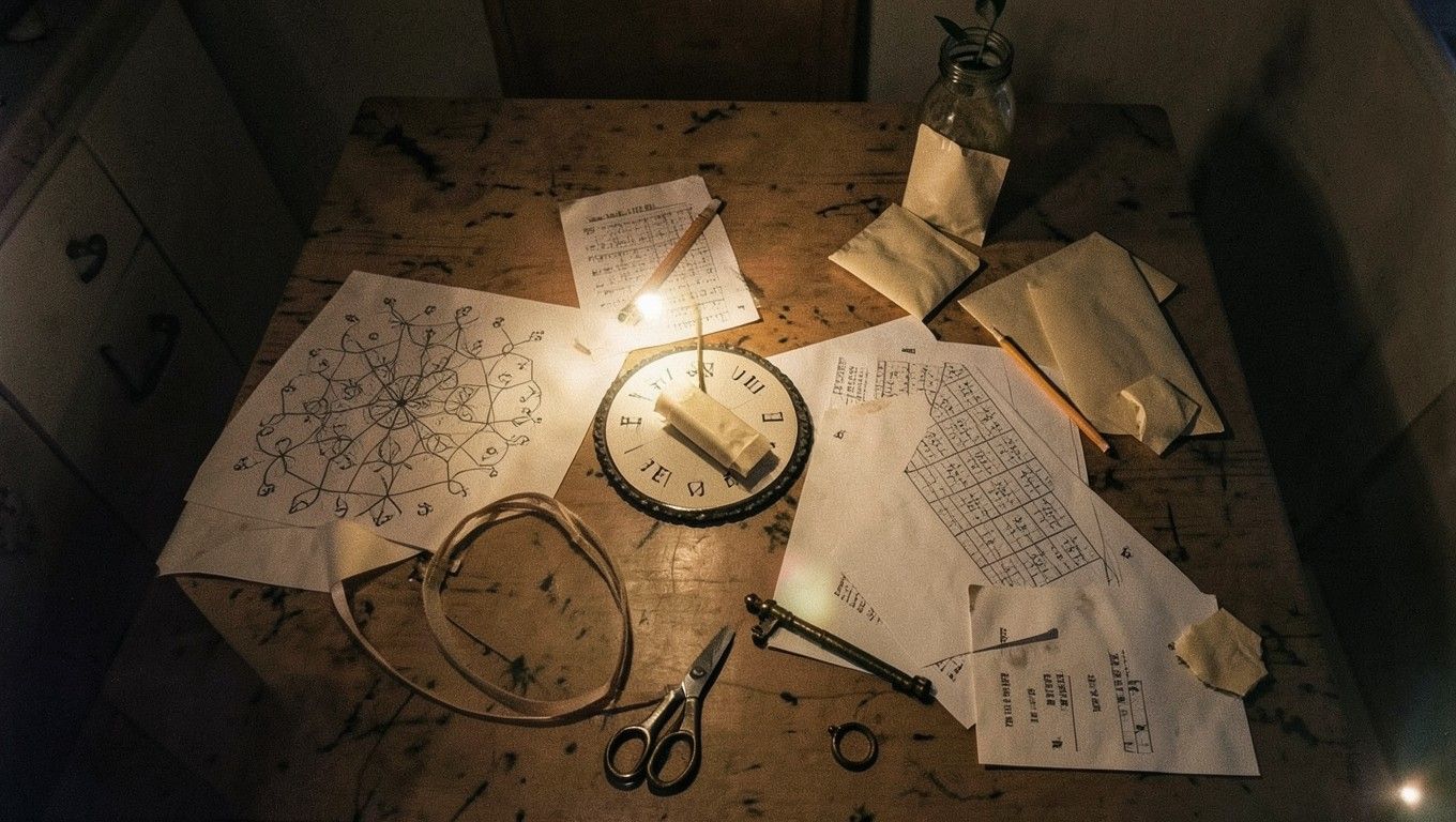 Un tavolo di cucina di notte con fogli di enigmi, una ruota cifrario, forbici, buste chiuse e una torcia