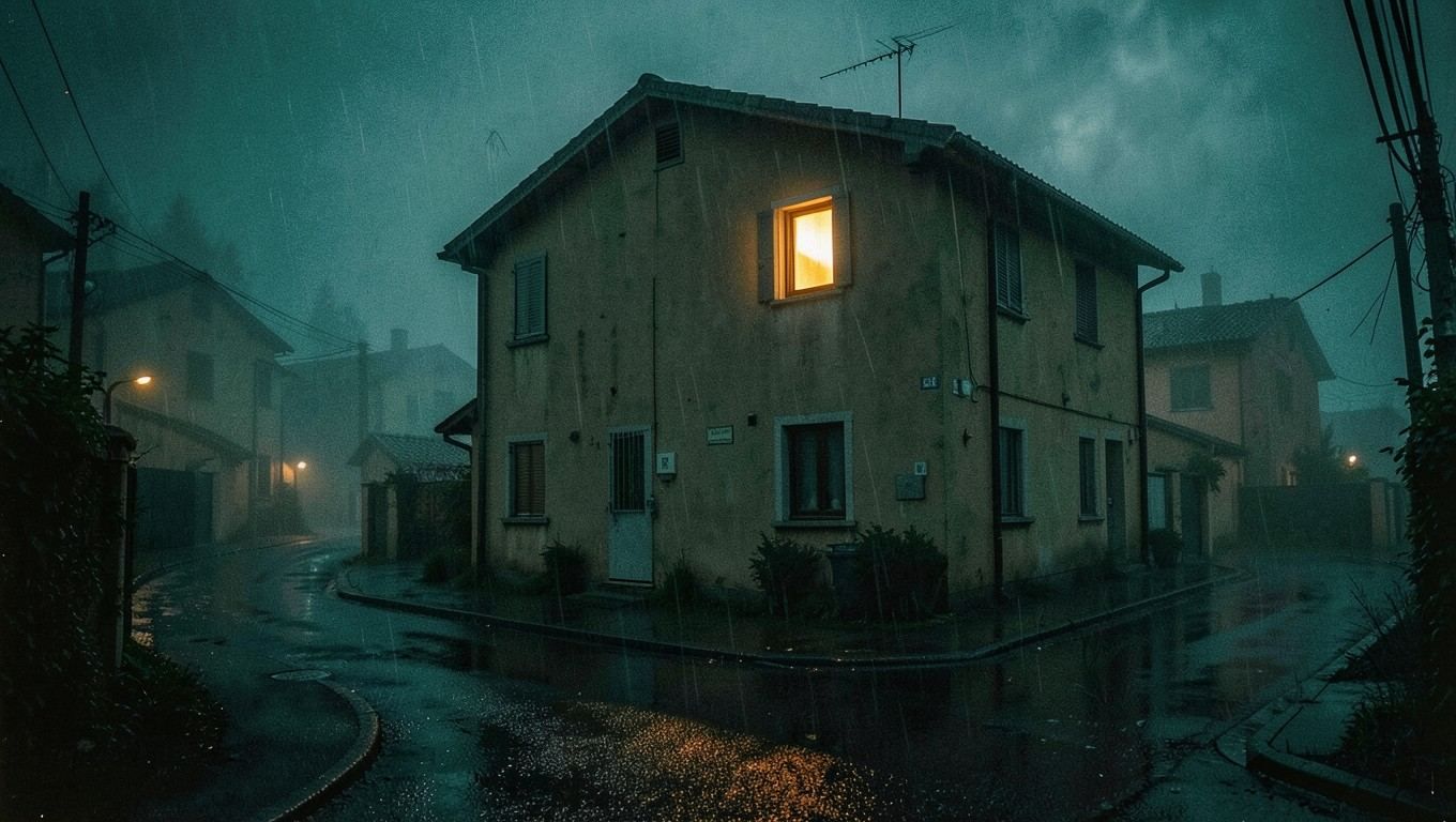 Una casa di pietra sotto la pioggia, di notte, con una sola finestra accesa