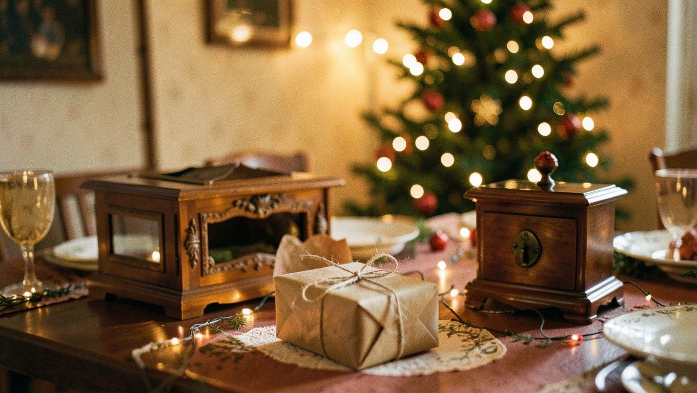 Una tavola di Natale con un pacco legato con lo spago e un carillon di legno