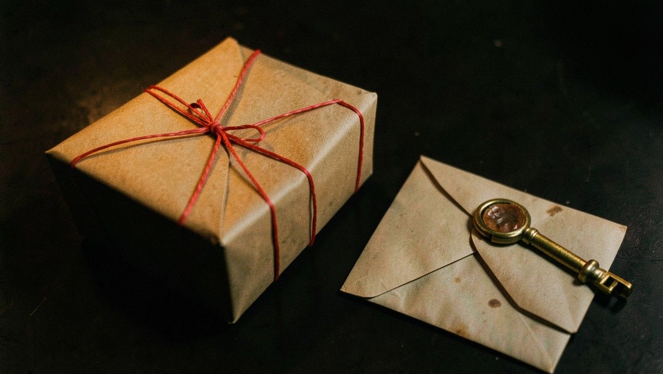 Un pacco in carta da pacchi con lo spago rosso, accanto a una busta chiusa con la ceralacca e una chiave