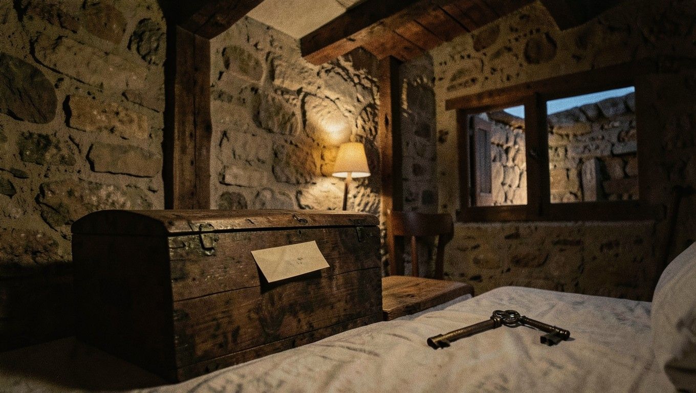 Una camera di agriturismo con muri di pietra, una cassapanca con una busta e una vecchia chiave sul letto